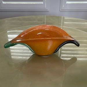 Handmade Blown Glass Vase Candy Bowl Orange Iridescent